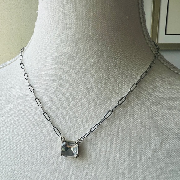 Dainty Silver Plated Flat Paper Chain with Clear Faux Crystal Rectangle - Picture 5 of 5